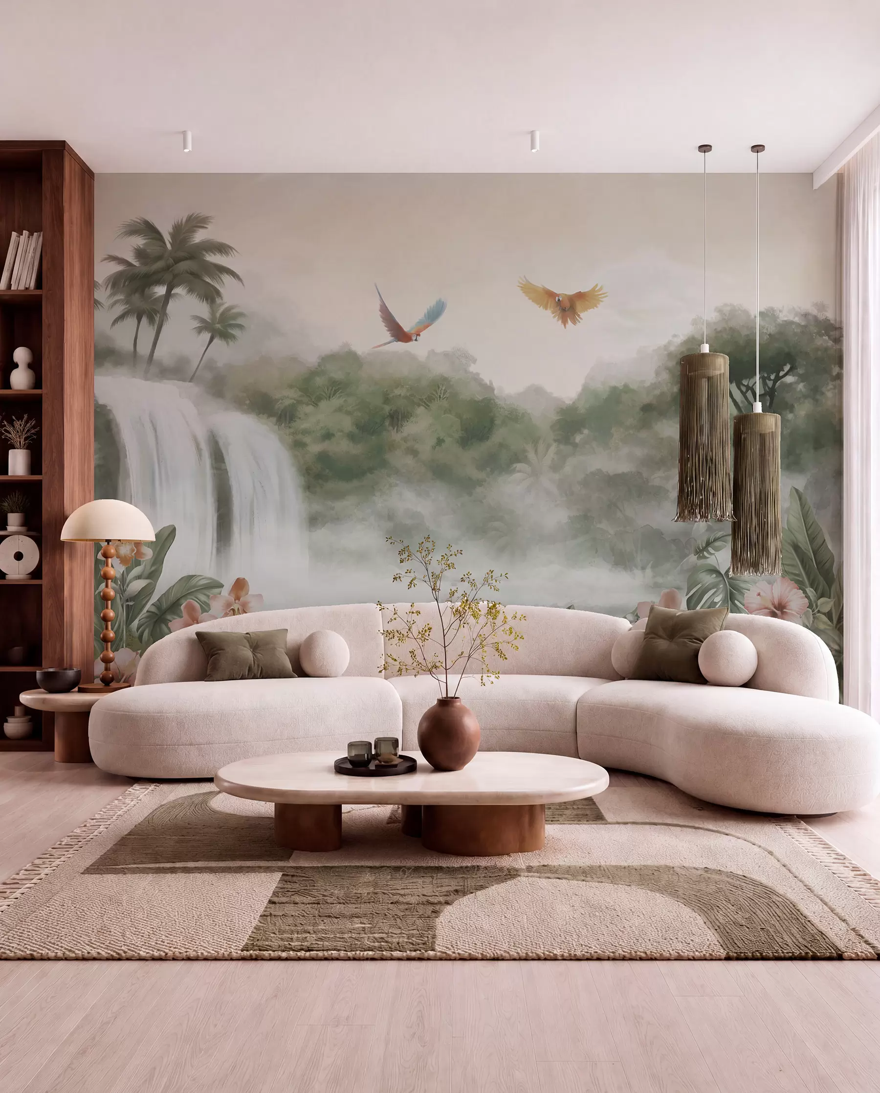 murales de pared Paisaje tropical con cascada, estanque, flores y pájaros w02127