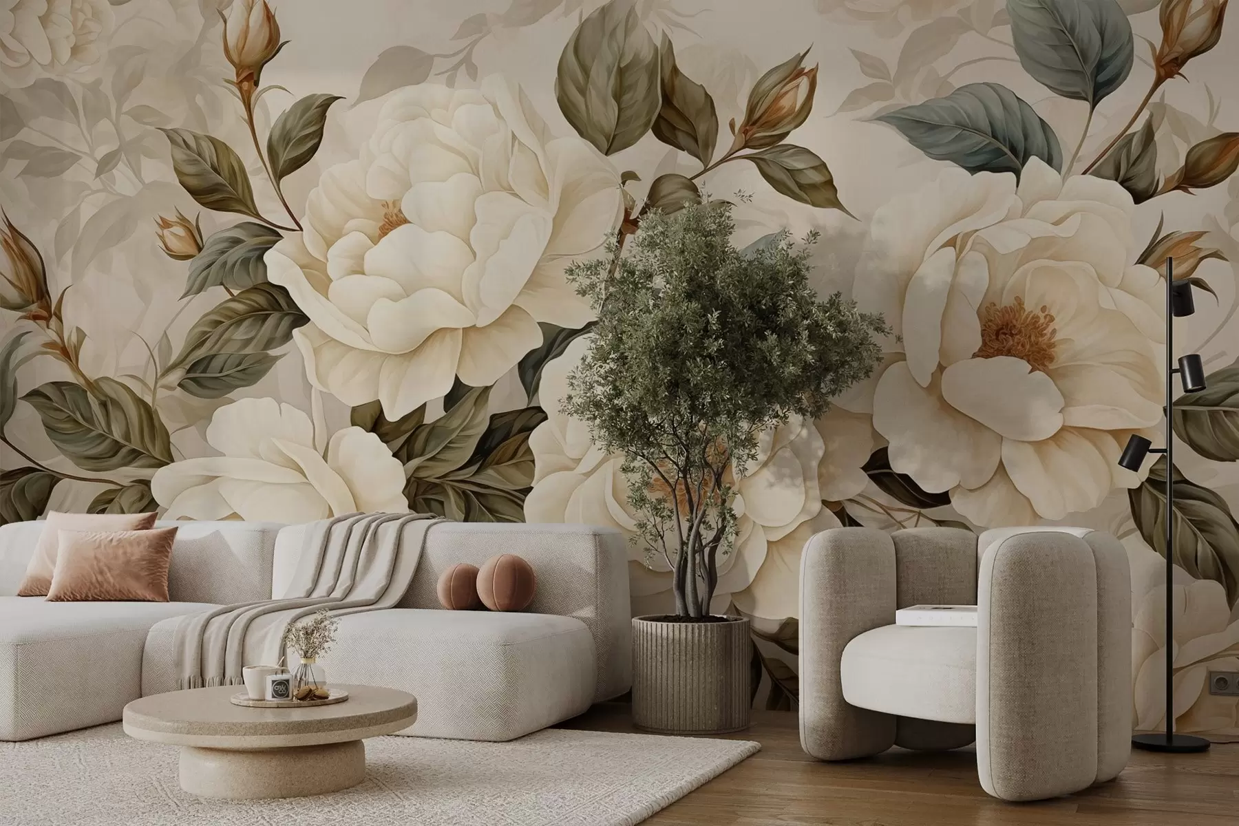 murales de pared Rosas blancas en acuarela de estilo vintage w02169