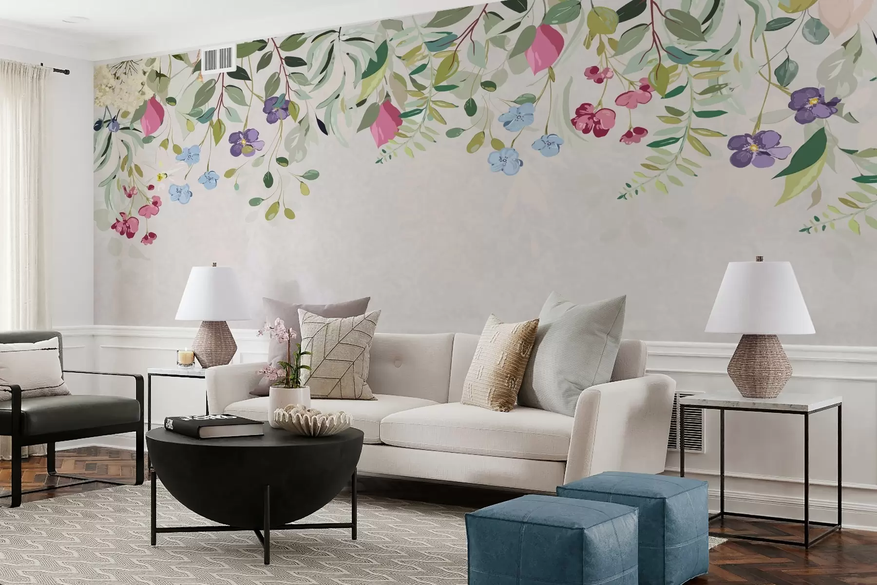 murales de pared hojas y flores silvestres en la parte superior w02202