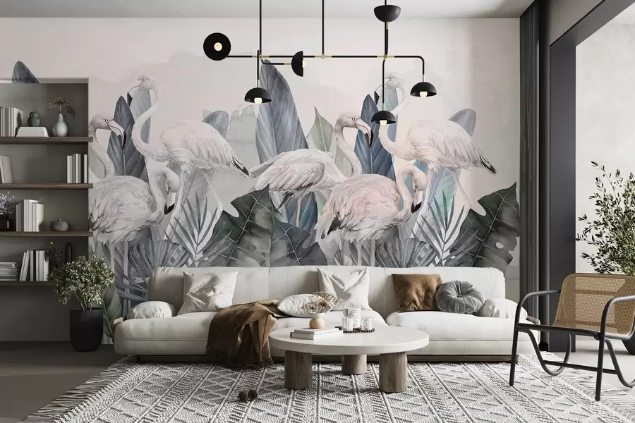 murales de pared Elegantes flamencos entre frondoso follaje w00505v2