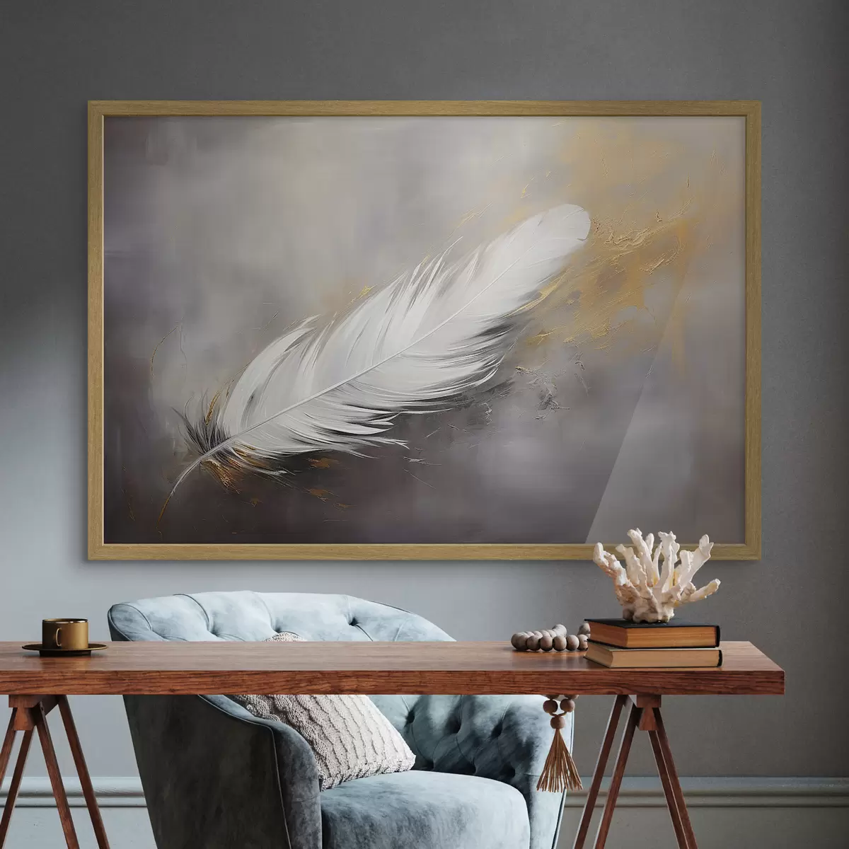Poster Pluma blanca sobre fondo gris f41557