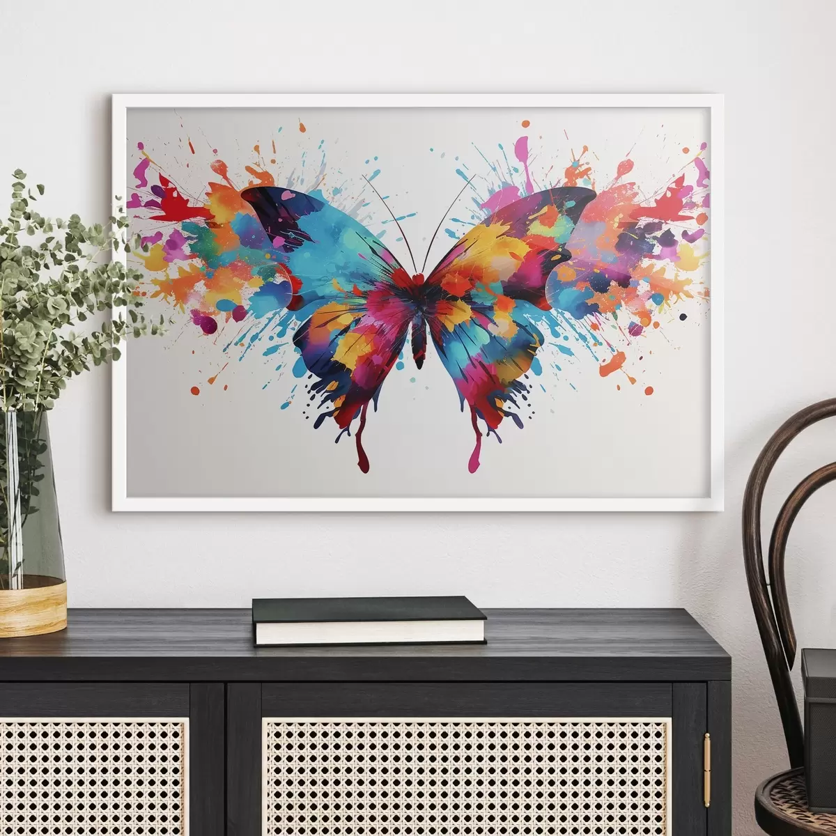 Poster Mariposa de acuarela sobre un fondo de salpicaduras de pintura multicolor f41560