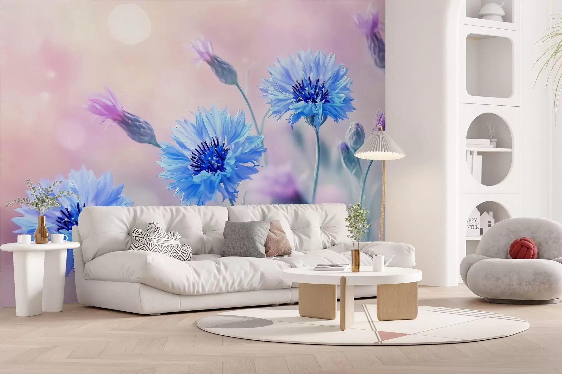 murales de pared Grandes flores de aciano sobre fondo rosa pálido w02124