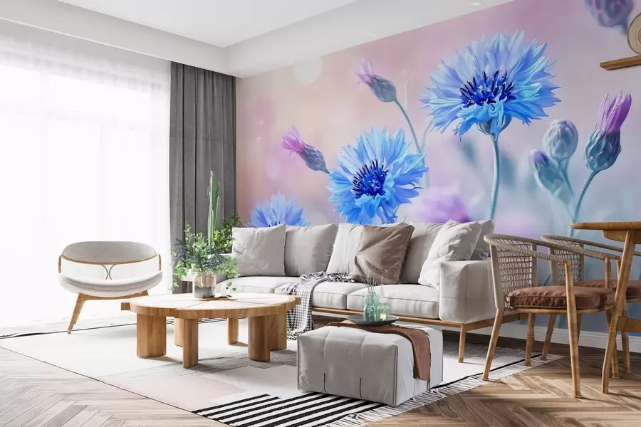murales de pared Grandes flores de aciano sobre fondo rosa pálido w02124