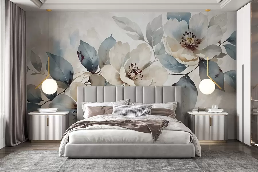 murales de pared Delicado arreglo floral blanco y azul con textura de acuarela, con suaves pétalos y centros w08401