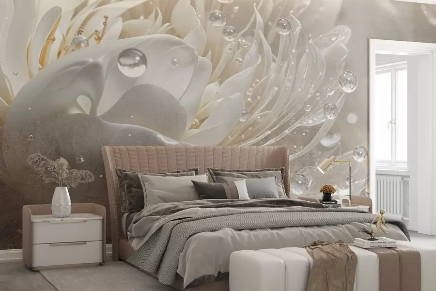 murales de pared Primer plano de una flor de peonía beige con gotas de agua en sus delicados pétalos, creando una atmósfera suave w08402