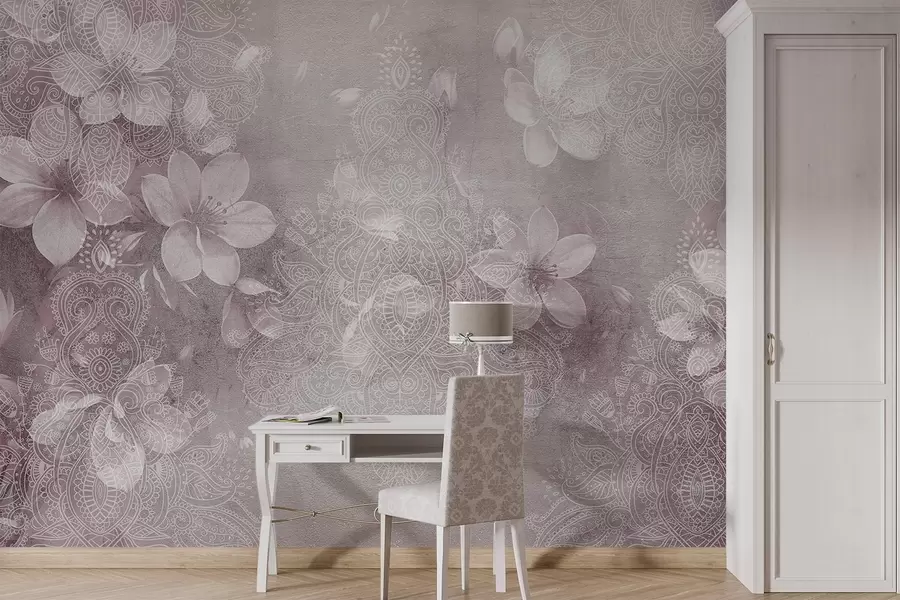 murales de pared Dibujo de enfoque suave de delicadas flores blancas sobre un fondo borroso con textura de encaje bordo w08405v2