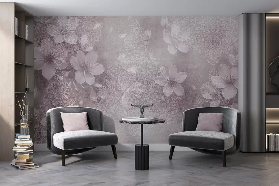 murales de pared Dibujo de enfoque suave de delicadas flores blancas sobre un fondo borroso con textura de encaje bordo w08405v2