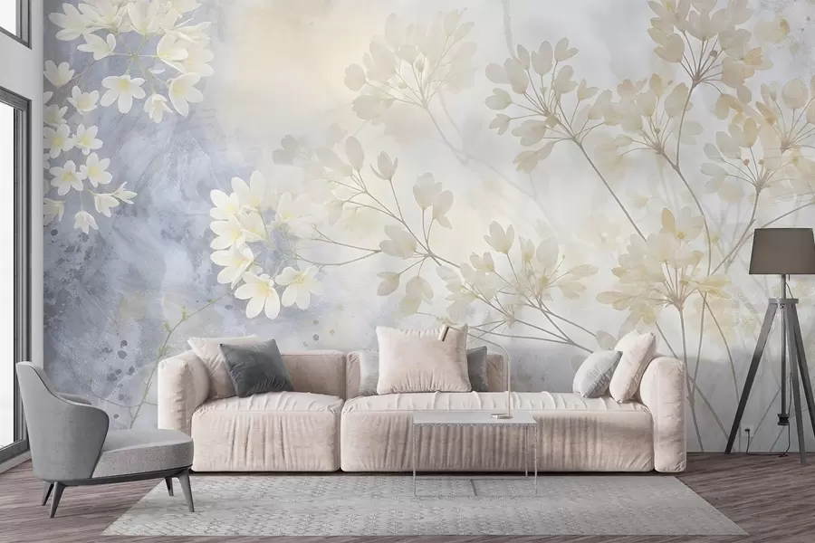 murales de pared Delicado estampado abstracto en tonos pastel de flores blancas sobre fondo difuminado, suave y etéreo w08408