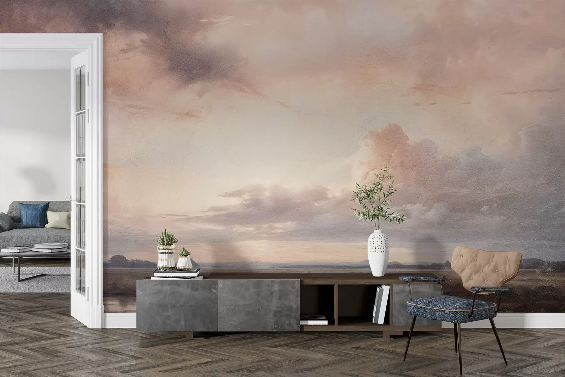murales de pared Impresión con textura de paisaje dramático de cielo nublado sobre un tranquilo lago al atardecer, con colinas visibles en la distancia w08409
