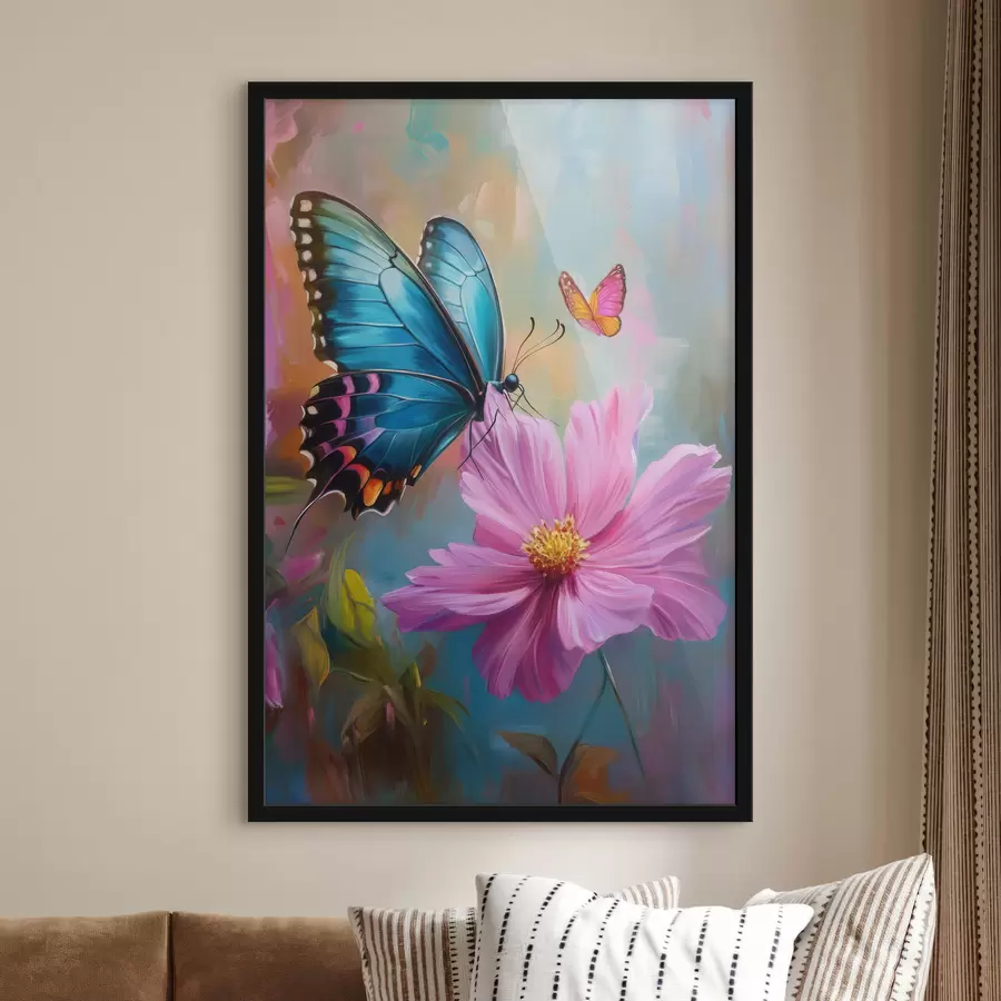 murales de pared mariposa y gran flor rosa f41620