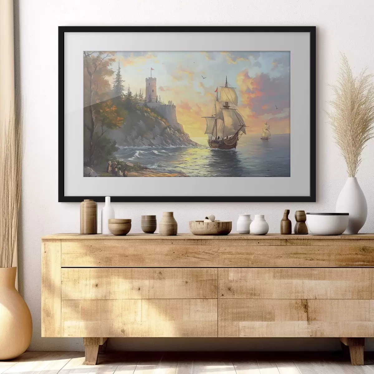 Poster barco cerca de la costa al amanecer f41626
