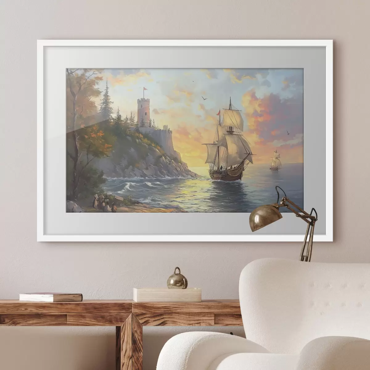 Poster barco cerca de la costa al amanecer f41626
