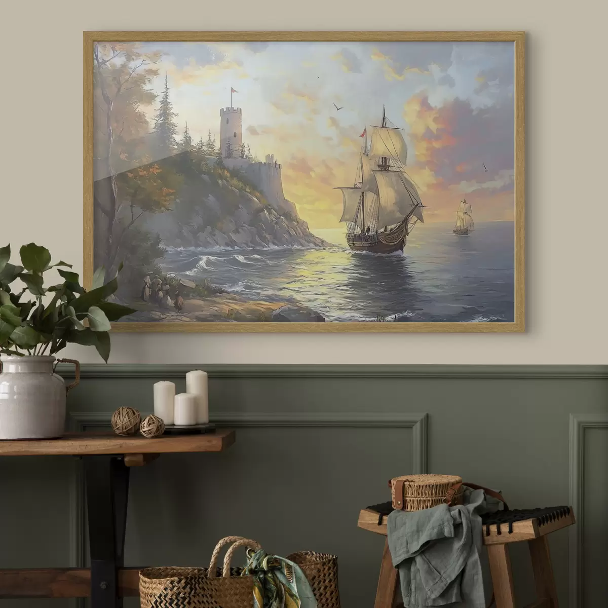 Poster barco cerca de la costa al amanecer f41626