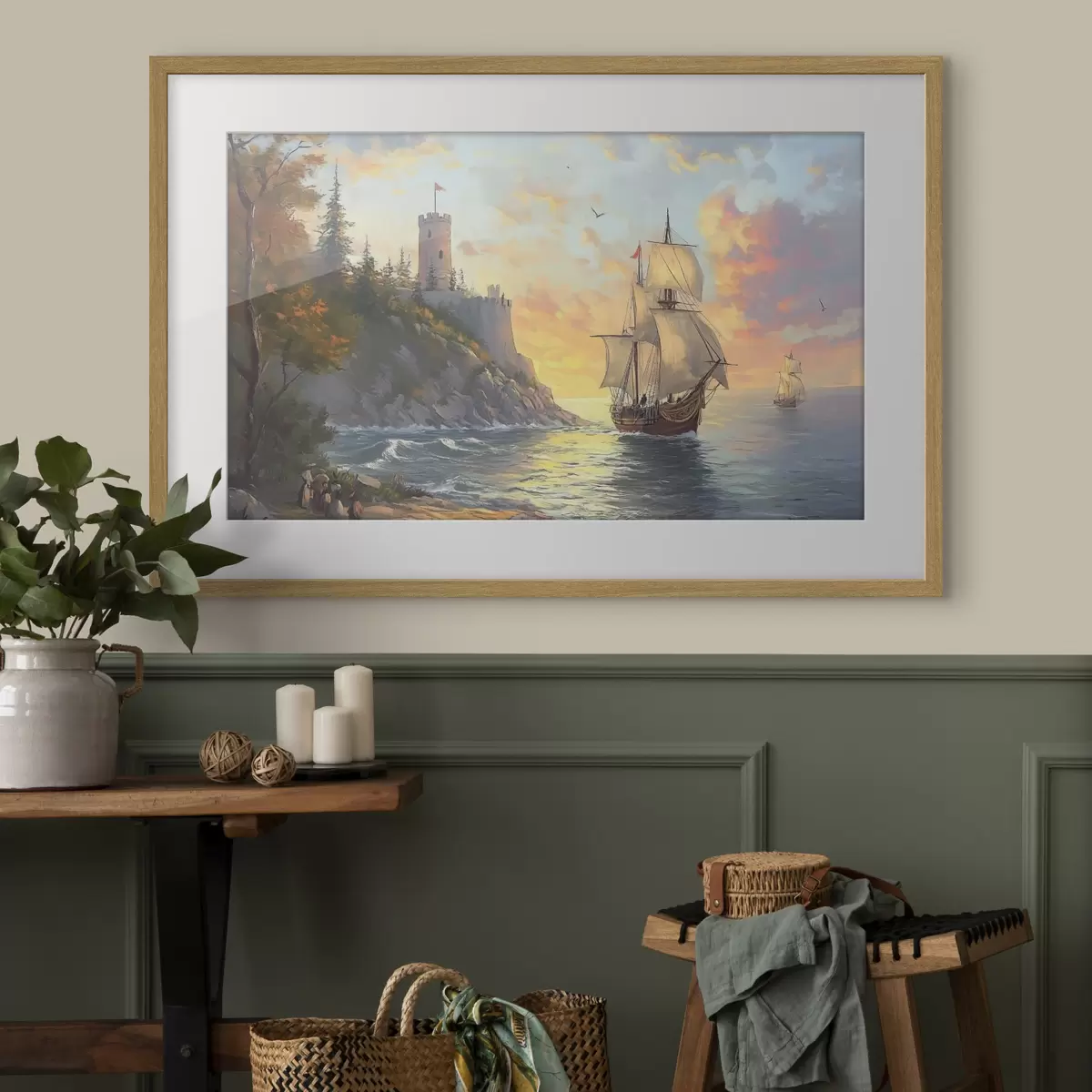 Poster barco cerca de la costa al amanecer f41626