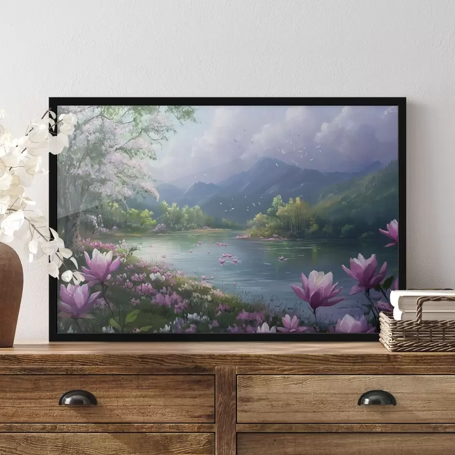 murales de pared hermoso lago entre las montañas f41629