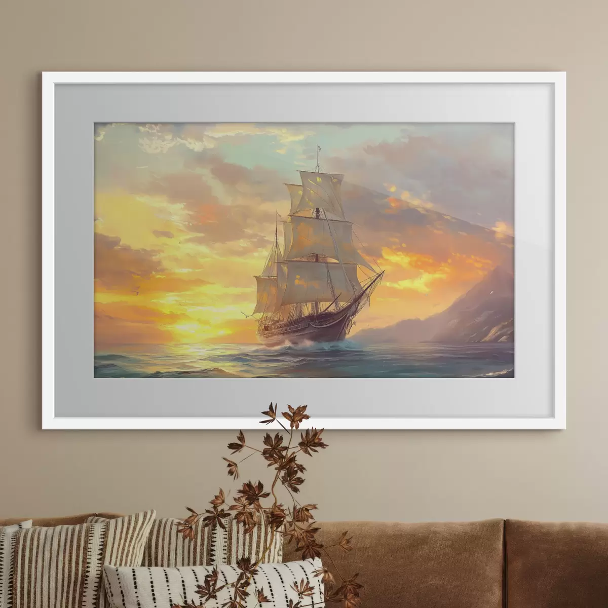 Poster barco en alta mar al amanecer f41633