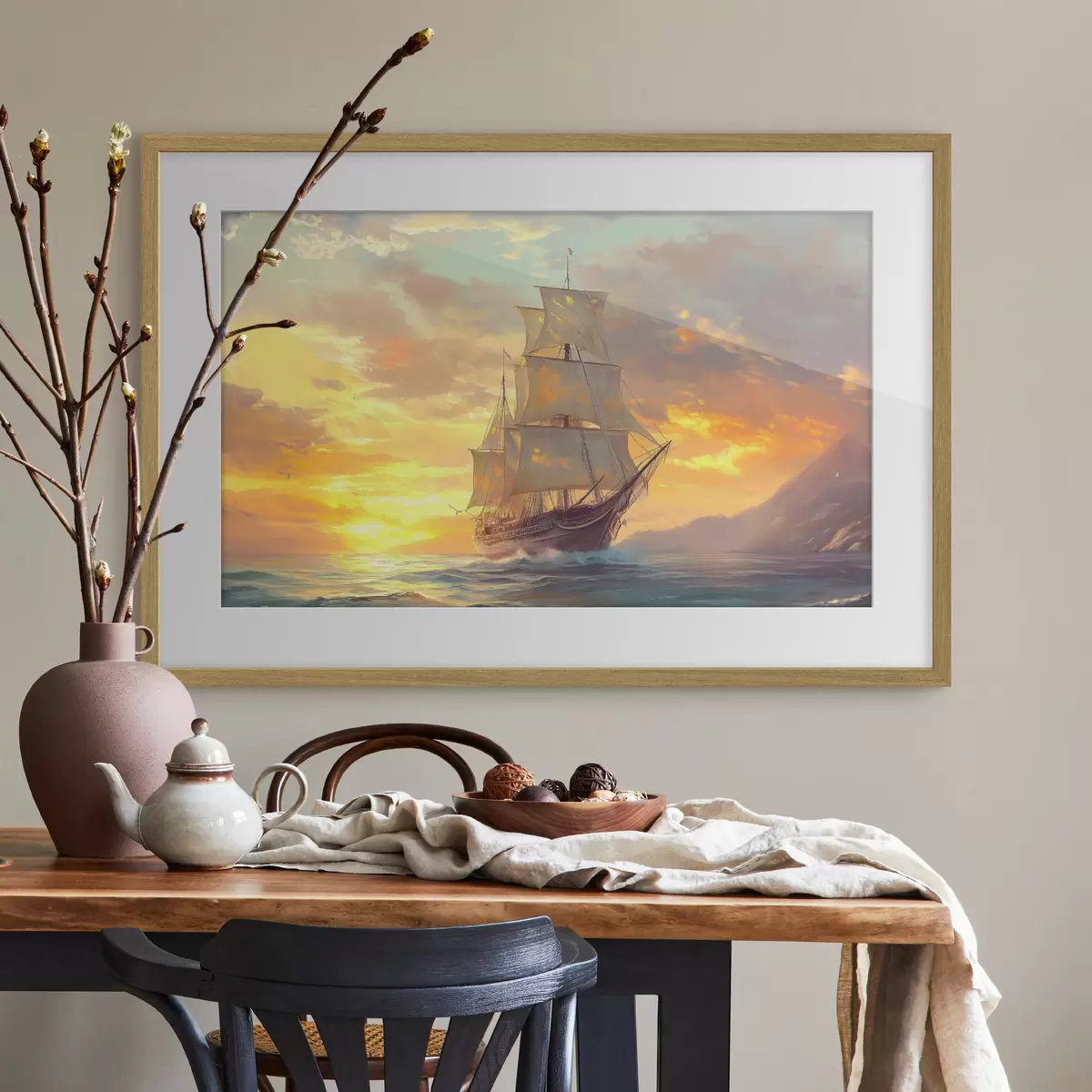 Poster barco en alta mar al amanecer f41633