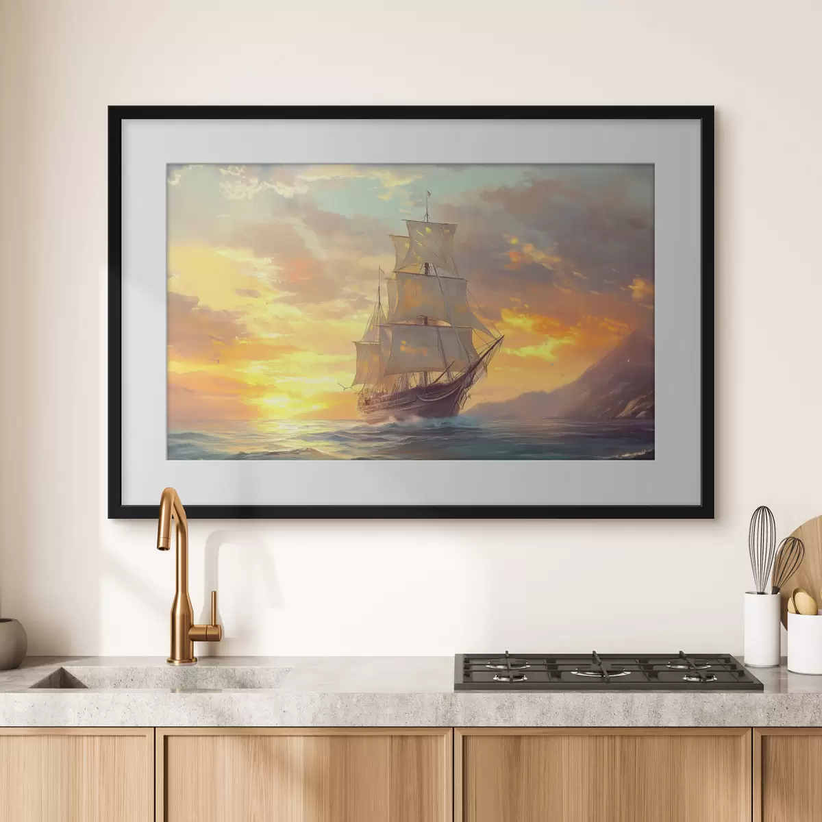 Poster barco en alta mar al amanecer f41633
