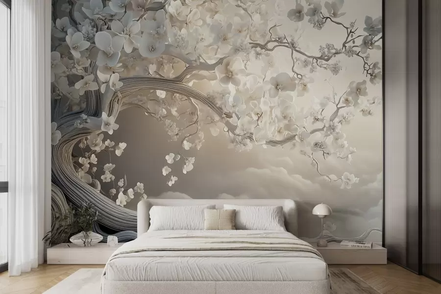 murales de pared Un árbol encantador con flores blancas contra el fondo de nubes en un estilo interesante en delicados colores cálidos w02133