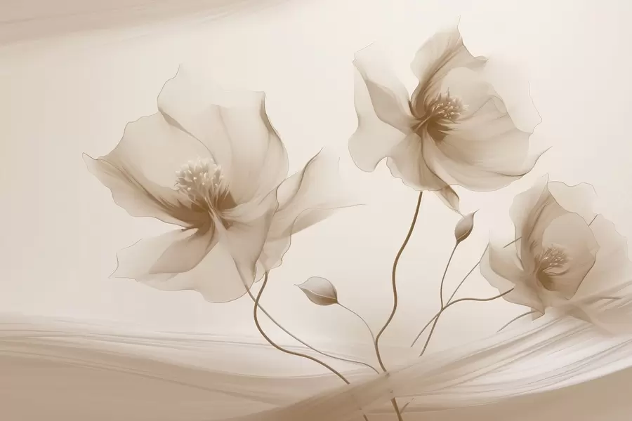 murales de pared Tres graciosas flores de pétalos translúcidos, entrelazadas con cintas de luz y viento en tonos beige w01932