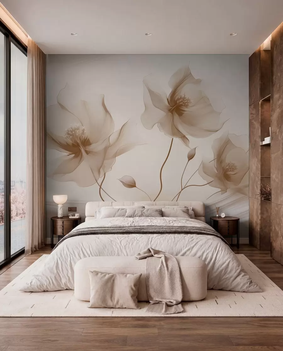 murales de pared Tres graciosas flores de pétalos translúcidos, entrelazadas con cintas de luz y viento en tonos beige w01932