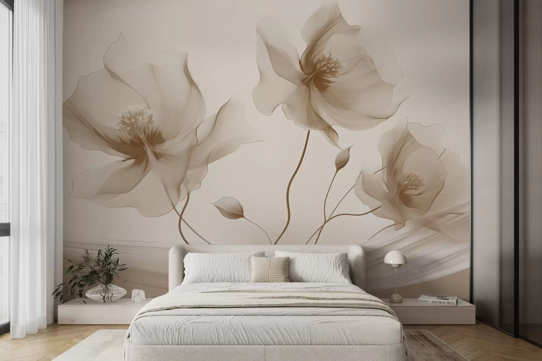 murales de pared Tres graciosas flores de pétalos translúcidos, entrelazadas con cintas de luz y viento en tonos beige w01932