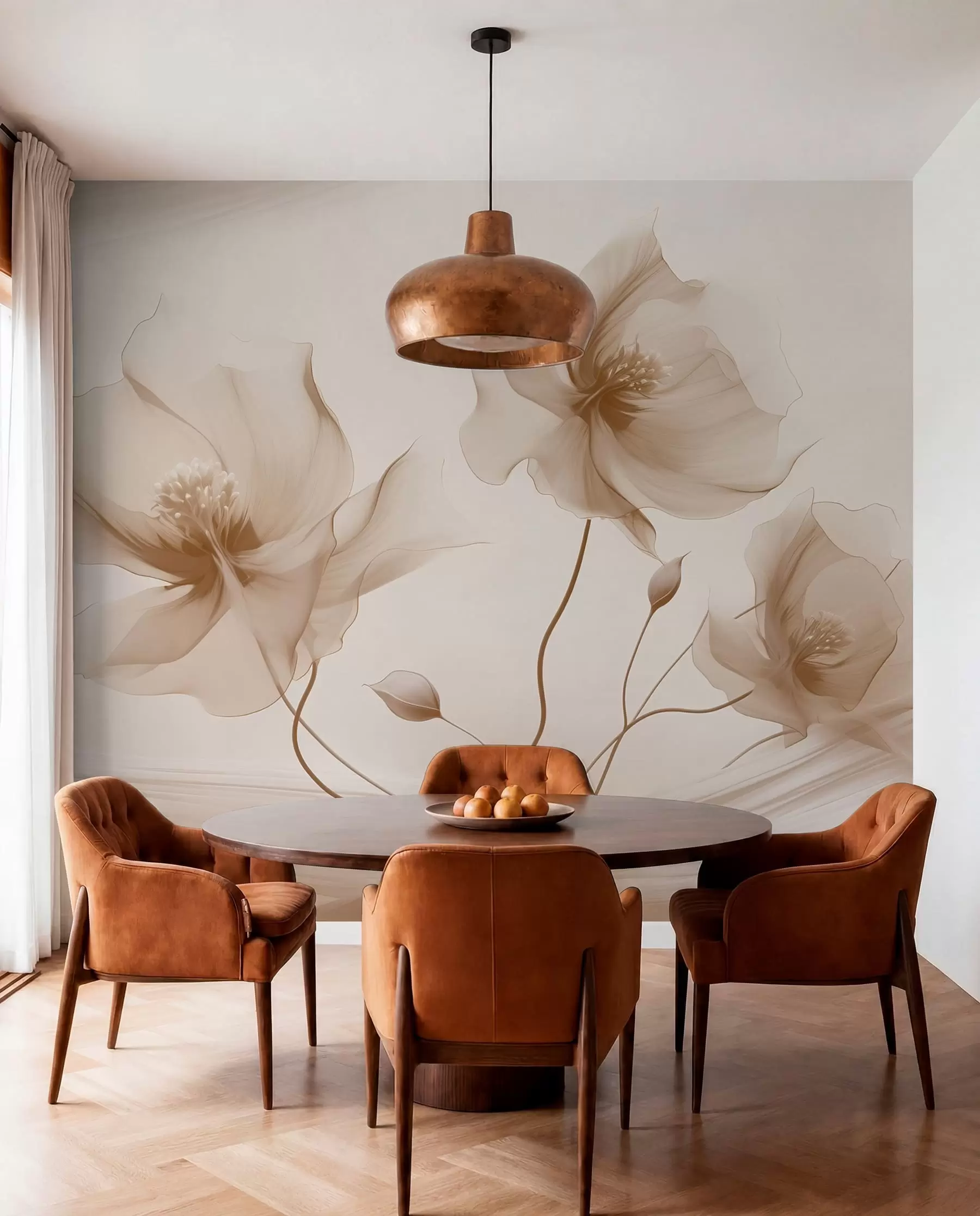 murales de pared Tres graciosas flores de pétalos translúcidos, entrelazadas con cintas de luz y viento en tonos beige w01932