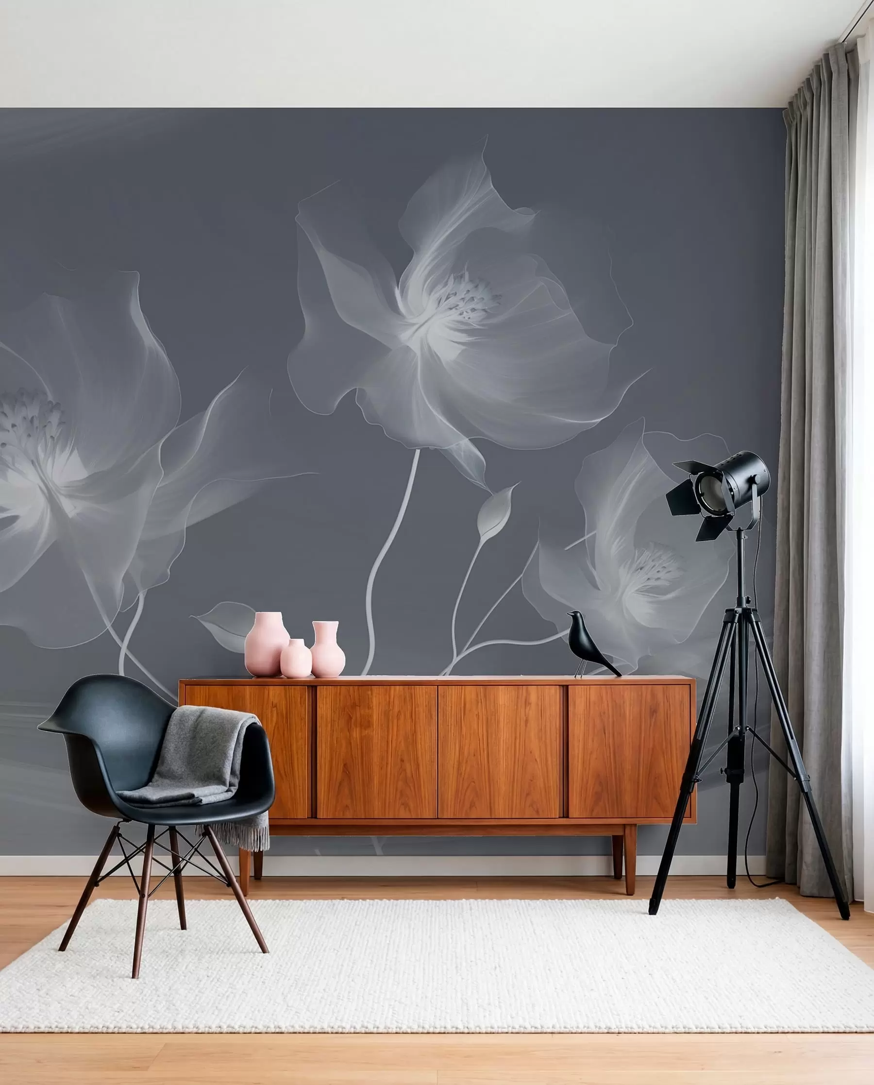 murales de pared Tres gráciles flores de pétalos translúcidos, entrelazadas con cintas de luz y viento en tonos azules w01932v2