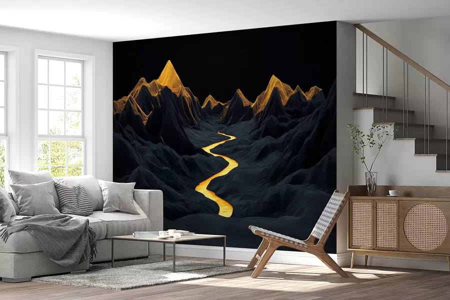 murales de pared Paisaje poligonal negro y un río entre las montañas w02063