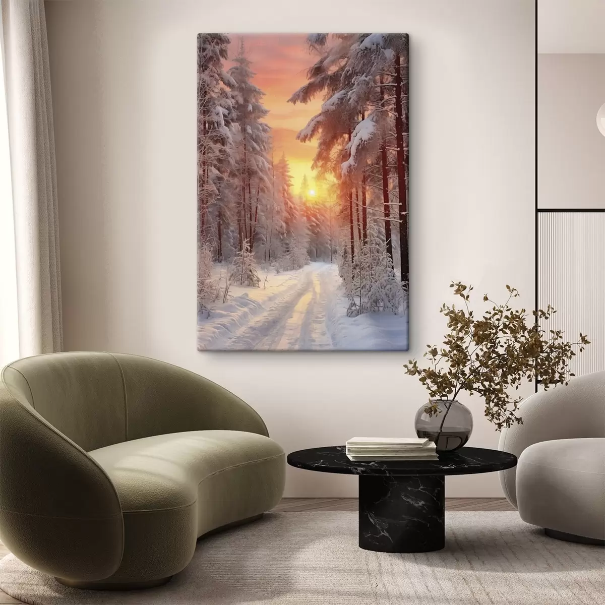 murales de pared Un camino en el bosque de invierno, nieve, pinos, colores del atardecer s41639