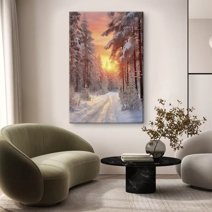 murales de pared Un camino en el bosque de invierno, nieve, pinos, colores del atardecer s41639