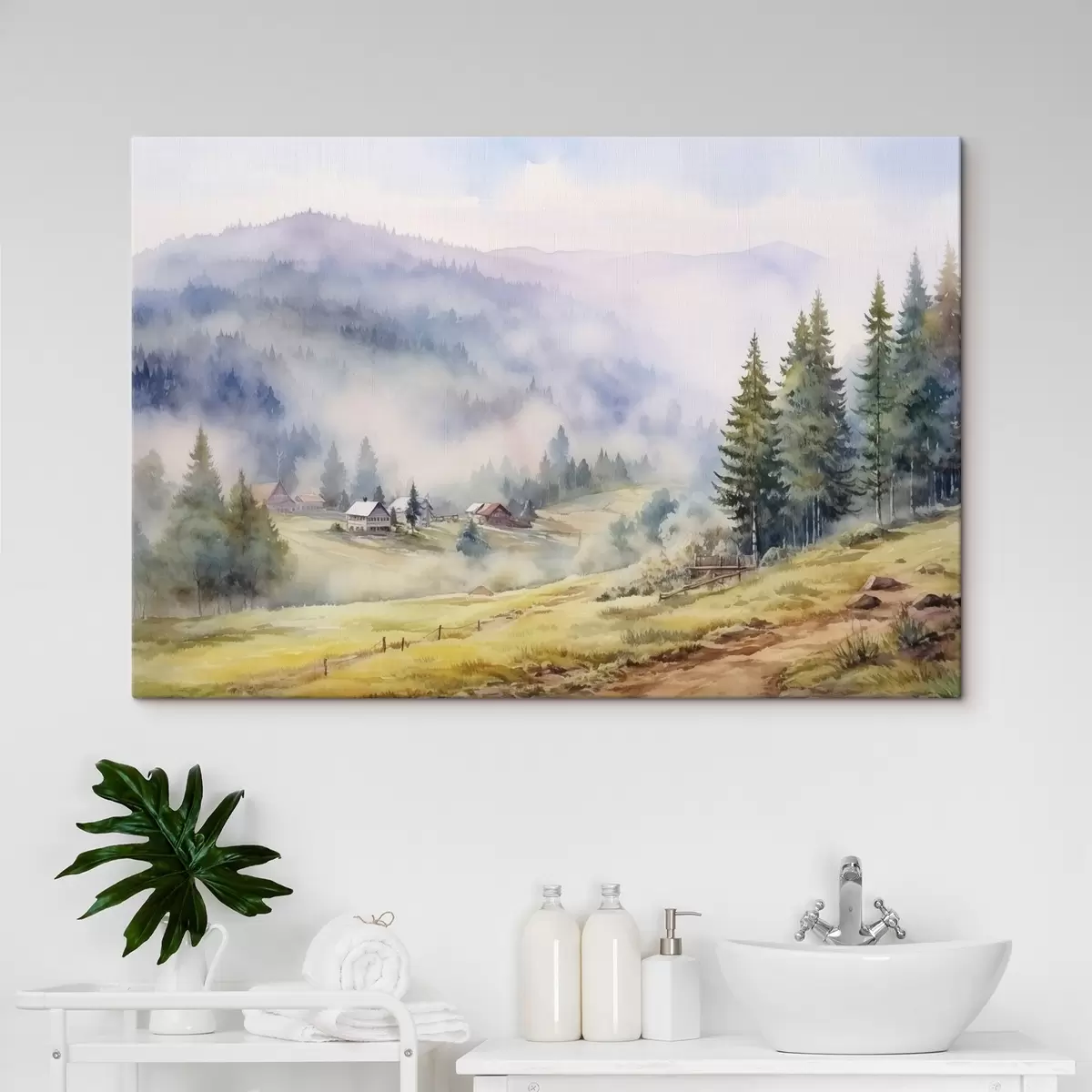 murales de pared Hermosas montañas, paisajes de bosques brumosos, acuarela, pueblo s41649