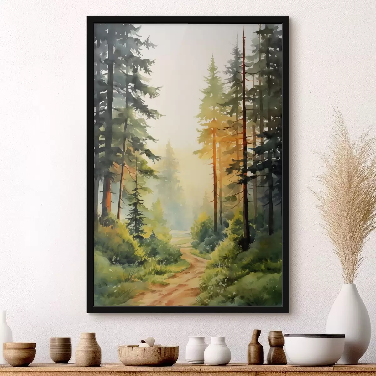 Poster Precioso bosque en acuarela con pinos y suave luz solar f41637