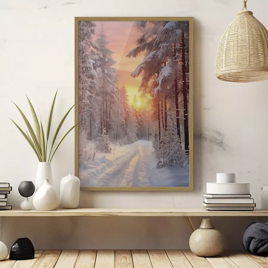 murales de pared Un camino en el bosque de invierno, nieve, pinos, colores del atardecer f41639
