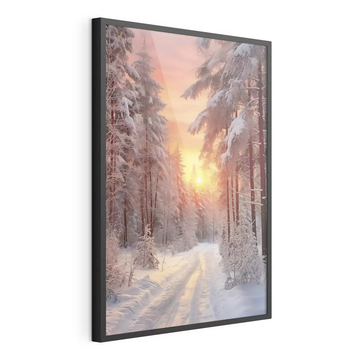 Poster Un camino en el bosque de invierno, nieve, pinos, colores del atardecer f41639
