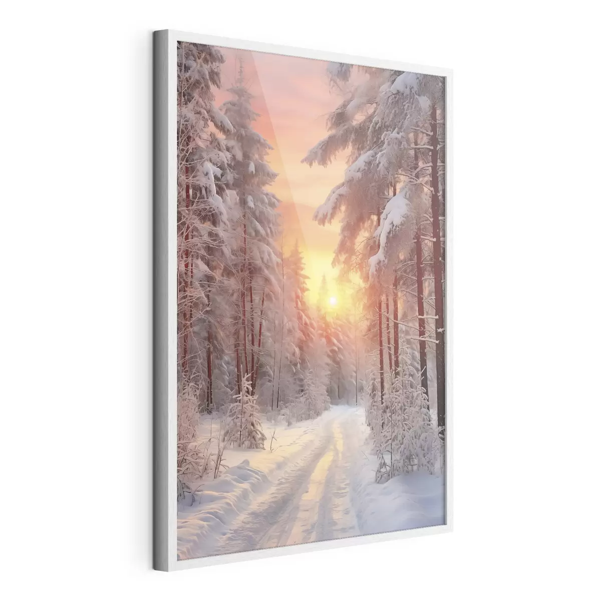 Poster Un camino en el bosque de invierno, nieve, pinos, colores del atardecer f41639