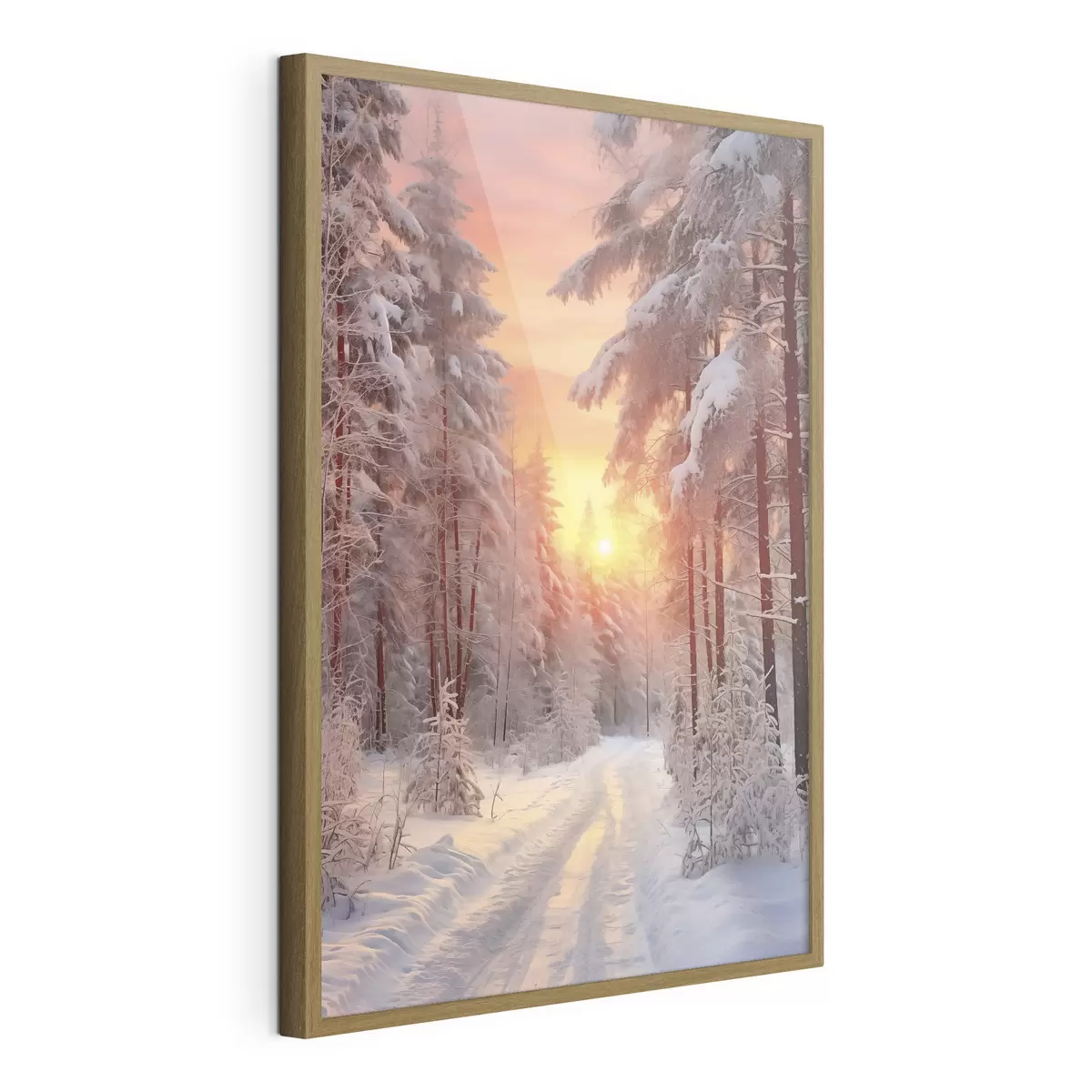 Poster Un camino en el bosque de invierno, nieve, pinos, colores del atardecer f41639