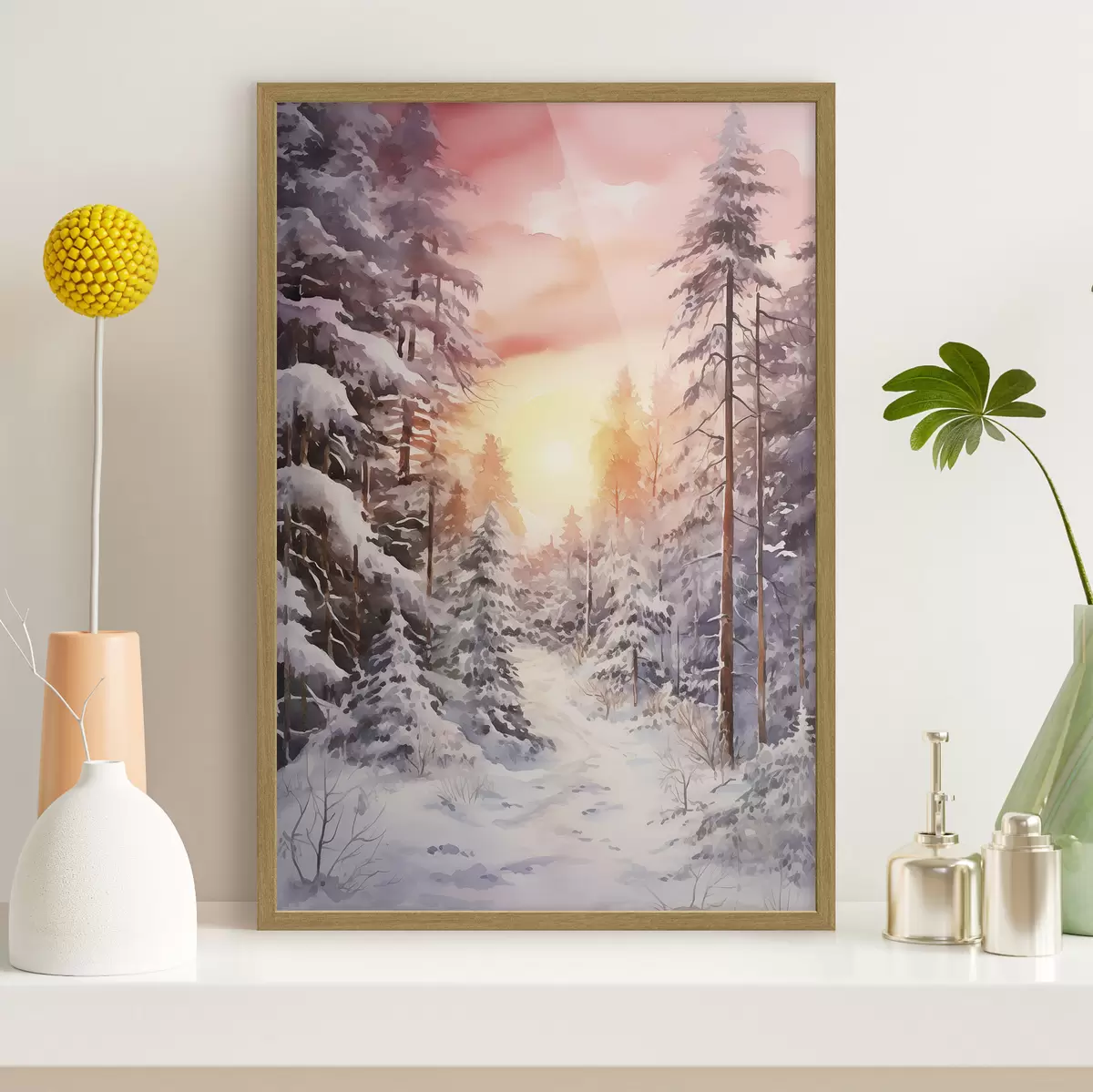 Poster Hermoso invierno, acuarela bosque, nevado, árboles, cielo rosa, puesta de sol f41641