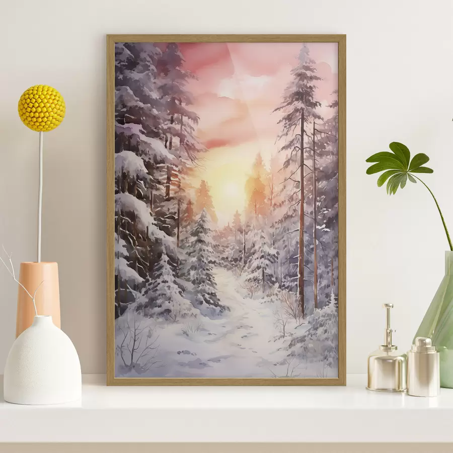 murales de pared Hermoso invierno, acuarela bosque, nevado, árboles, cielo rosa, puesta de sol f41641