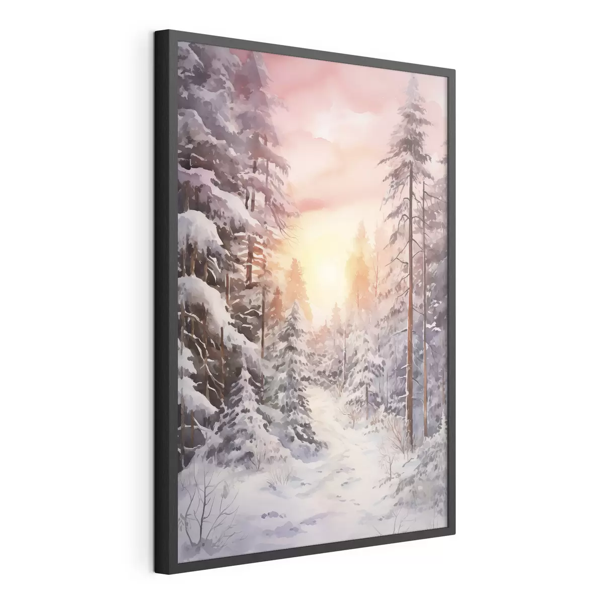 Poster Hermoso invierno, acuarela bosque, nevado, árboles, cielo rosa, puesta de sol f41641