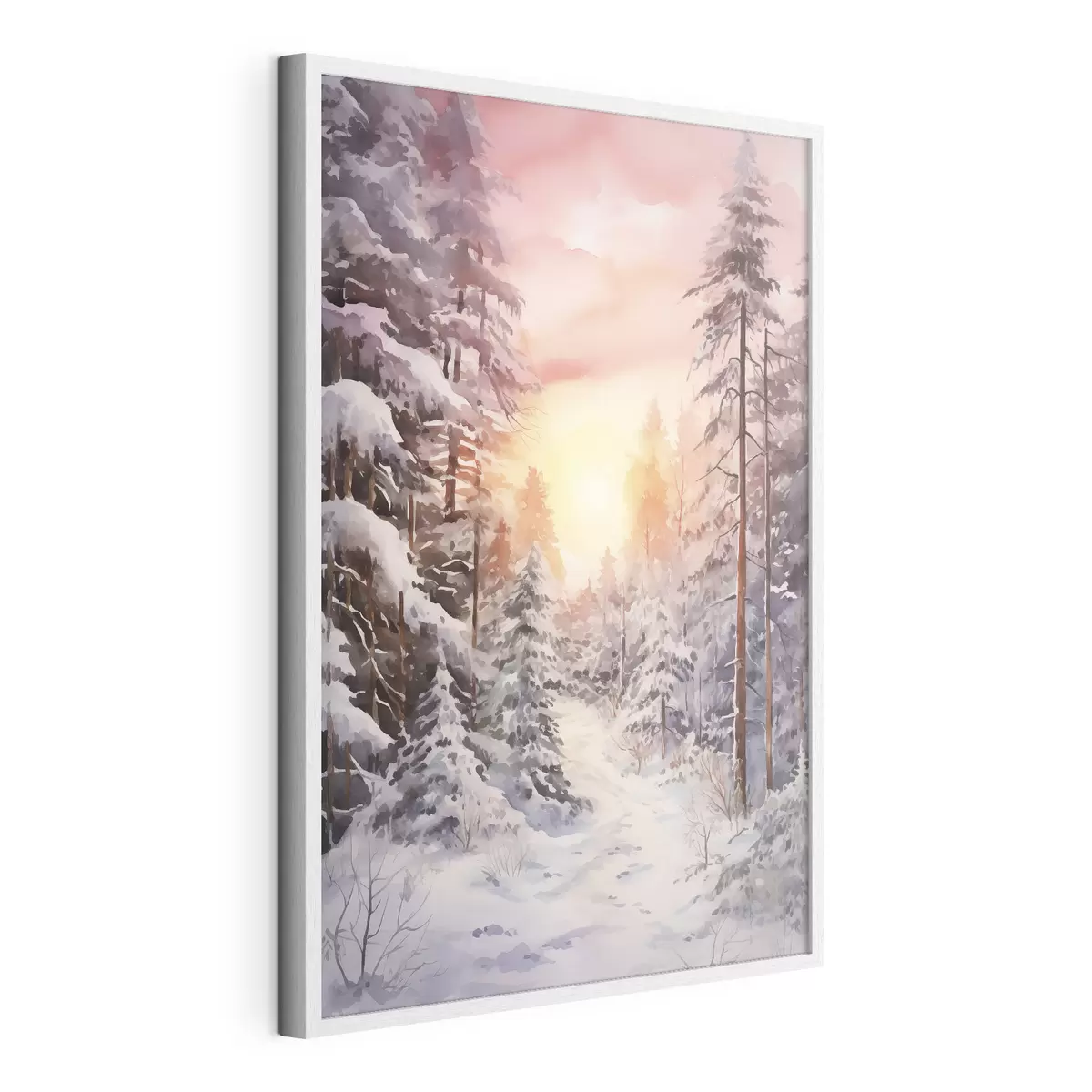 Poster Hermoso invierno, acuarela bosque, nevado, árboles, cielo rosa, puesta de sol f41641