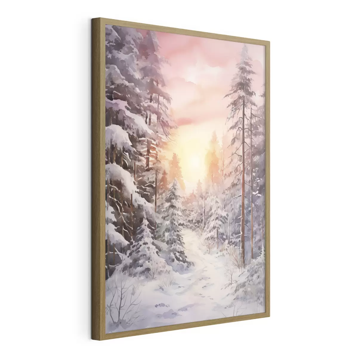 Poster Hermoso invierno, acuarela bosque, nevado, árboles, cielo rosa, puesta de sol f41641