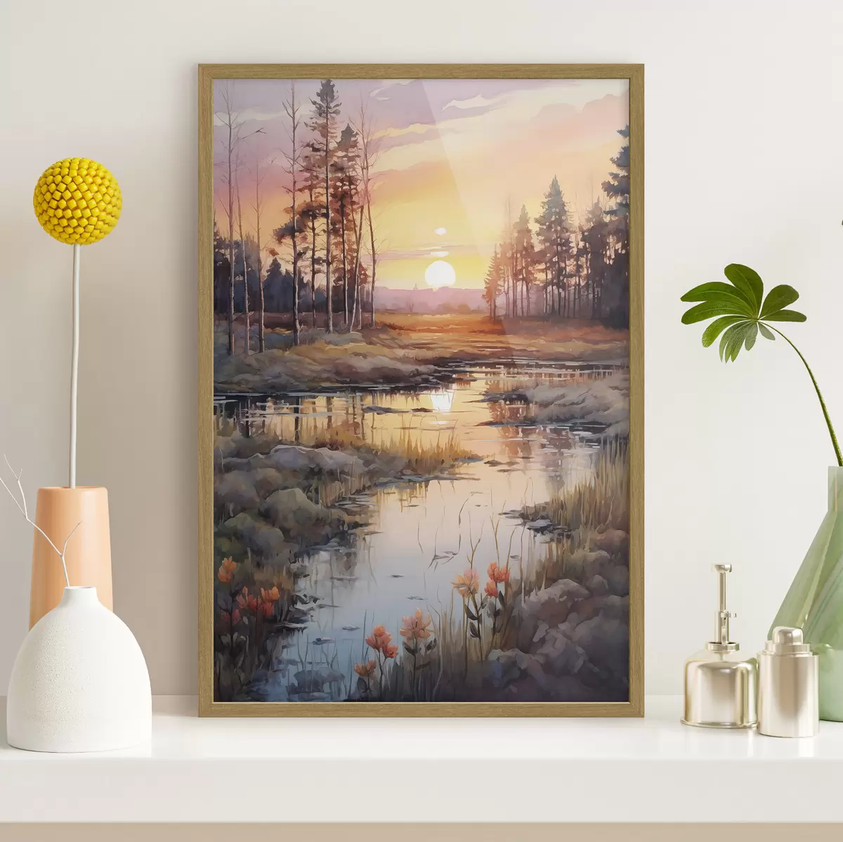 Poster Hermoso río en el bosque de otoño, acuarela, prado, cielo al atardecer f41643