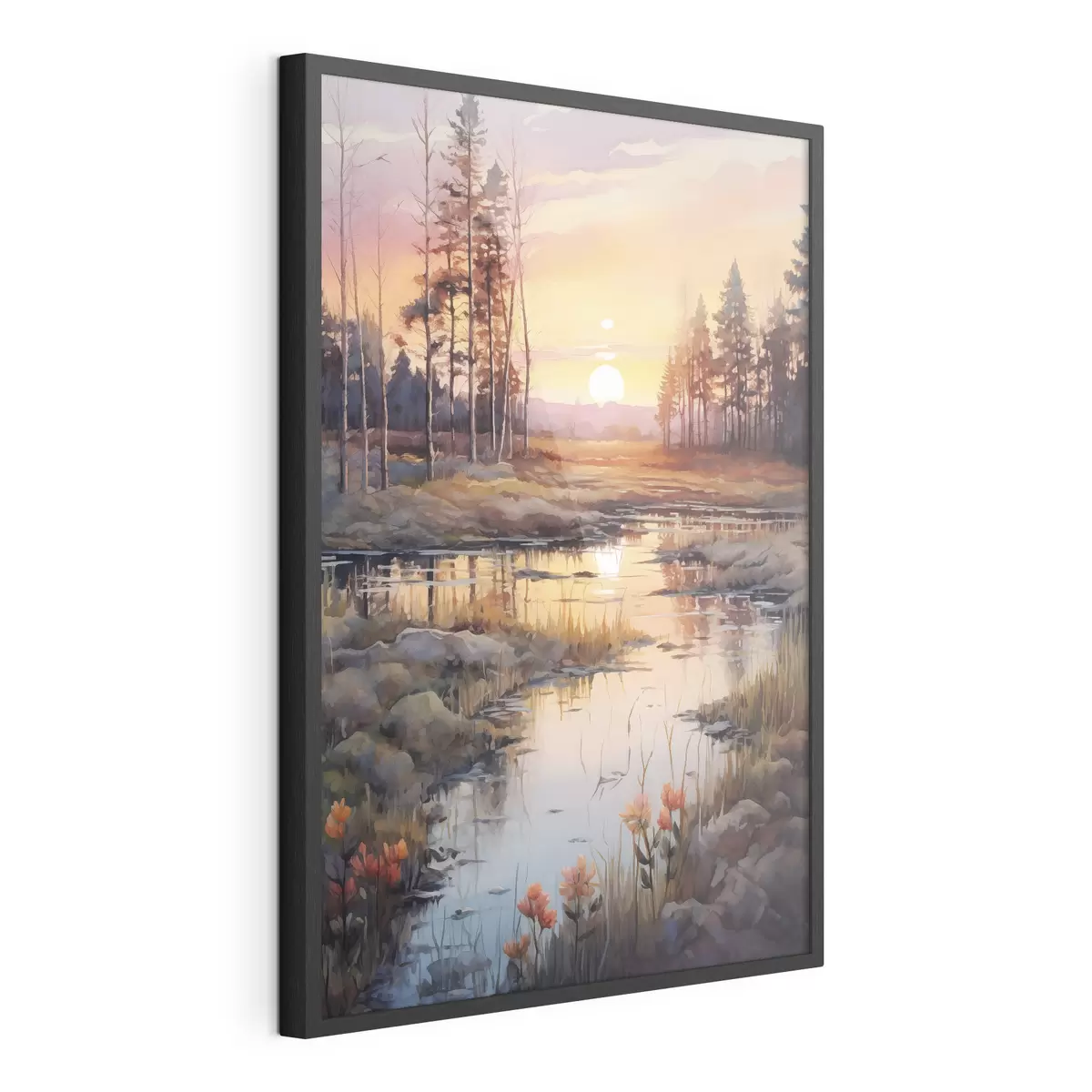 Poster Hermoso río en el bosque de otoño, acuarela, prado, cielo al atardecer f41643