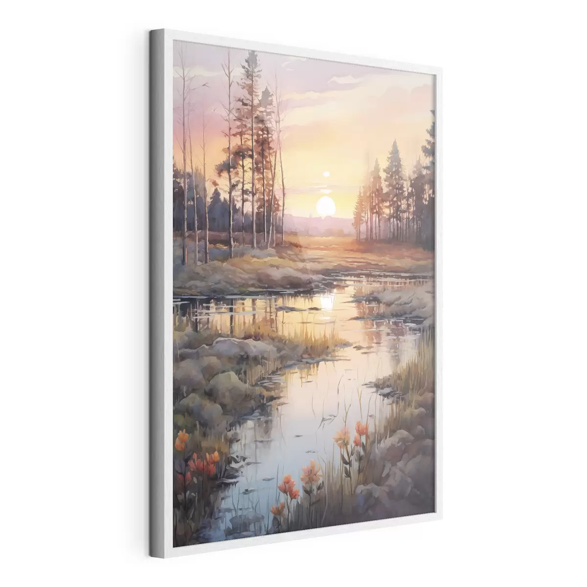 Poster Hermoso río en el bosque de otoño, acuarela, prado, cielo al atardecer f41643