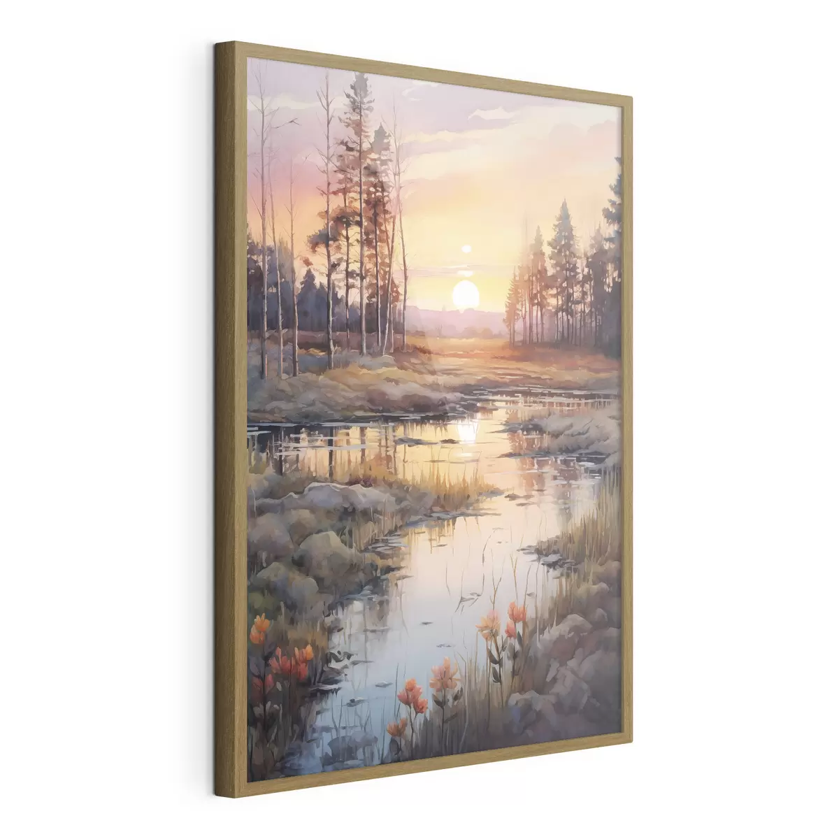 Poster Hermoso río en el bosque de otoño, acuarela, prado, cielo al atardecer f41643