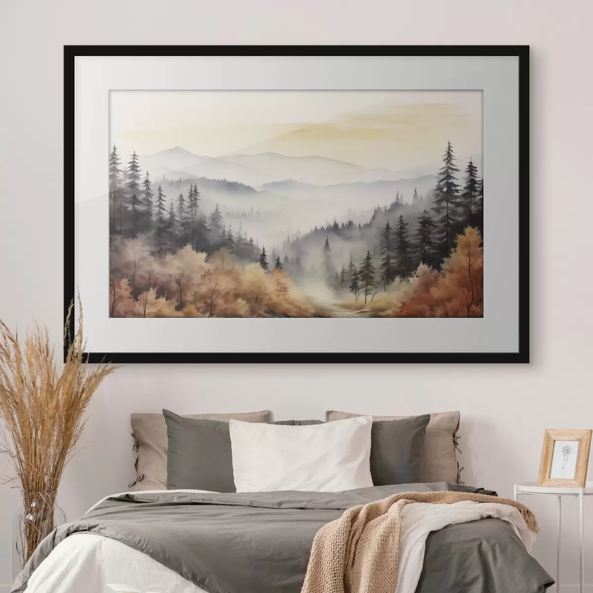 Poster Hermosas montañas de niebla, bosque de otoño, acuarela f41646