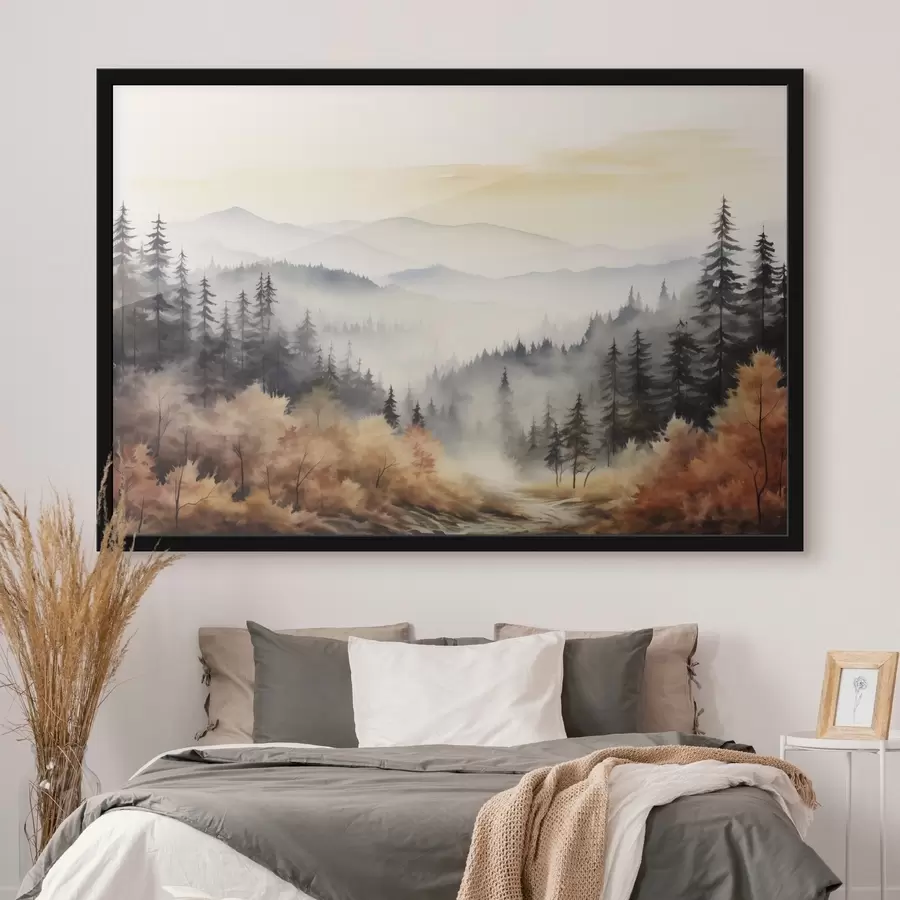 murales de pared Hermosas montañas de niebla, bosque de otoño, acuarela f41646