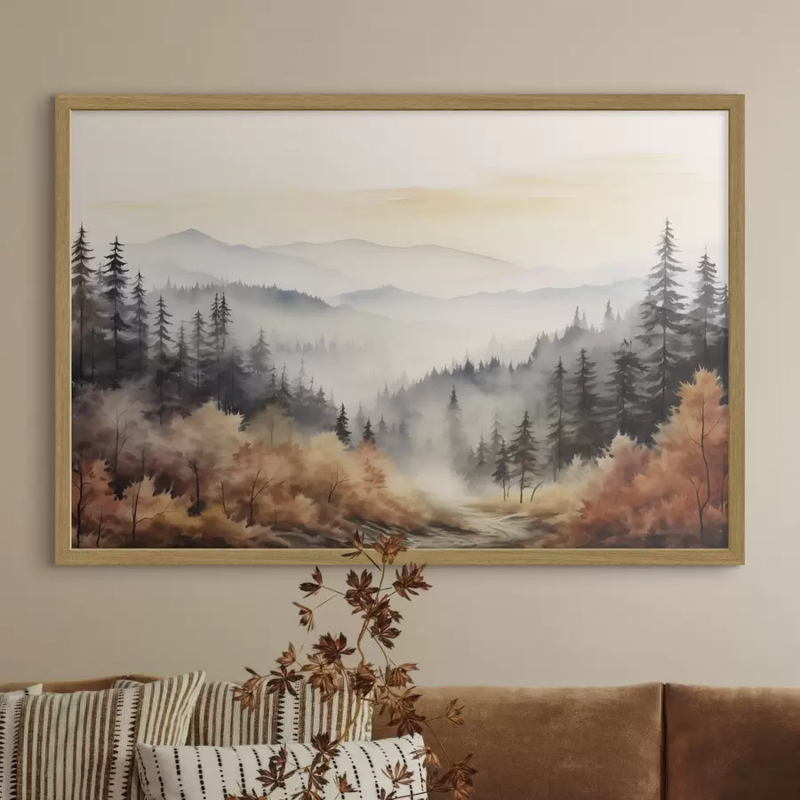 murales de pared Hermosas montañas de niebla, bosque de otoño, acuarela f41646
